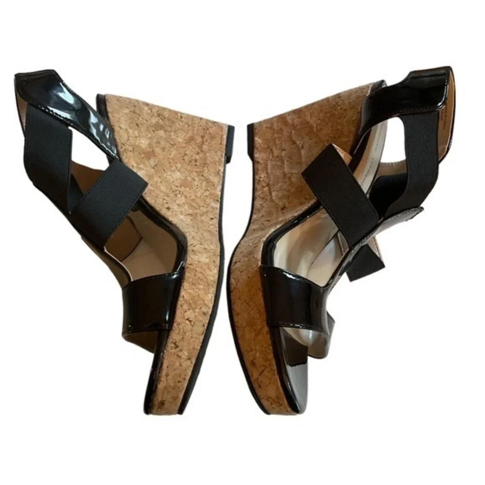 Adrienne Vittadini Chari Cork‎ Wedge Platform Strappy Sandals Black 9 NWOB